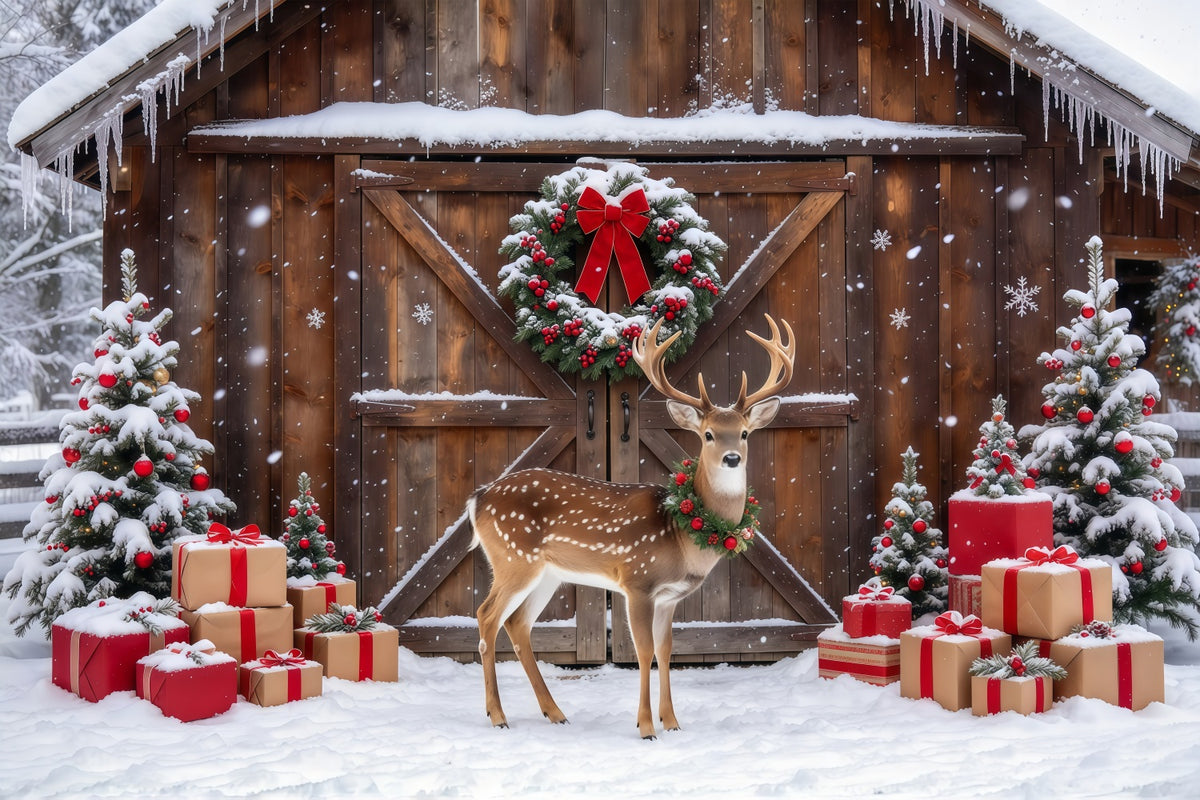 Country Christmas Photo Backdrop Snowy Reindeer Barn Display Reindeer Photo Backdrop GQ69-111