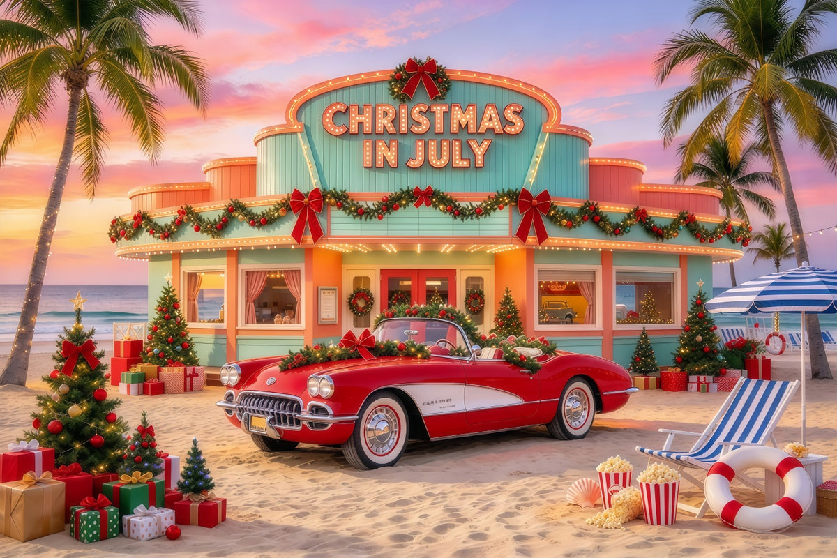Christmas In July Photo Backdrop Tropical Holiday Car Christmas Tree Wedding Backdrop GQ69-117