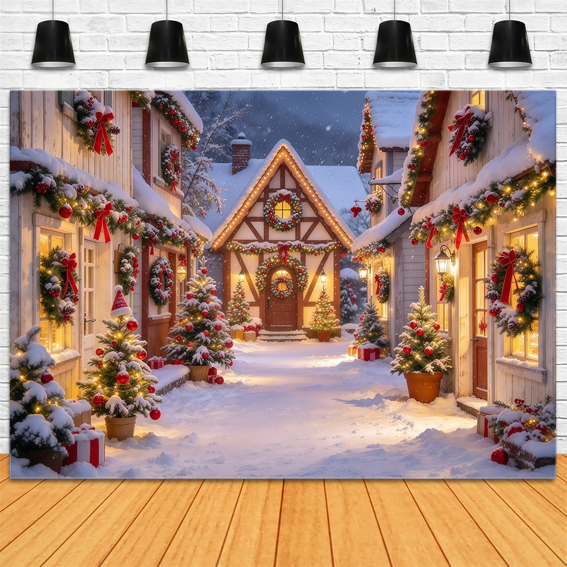 Christmas Backdrops Sale Snowy Garland Village Street Buy Christmas Backdrop GQ69-118