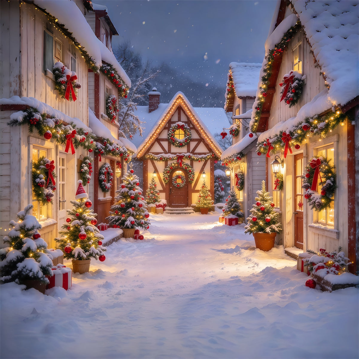 Christmas Backdrops Sale Snowy Garland Village Street Buy Christmas Backdrop GQ69-118