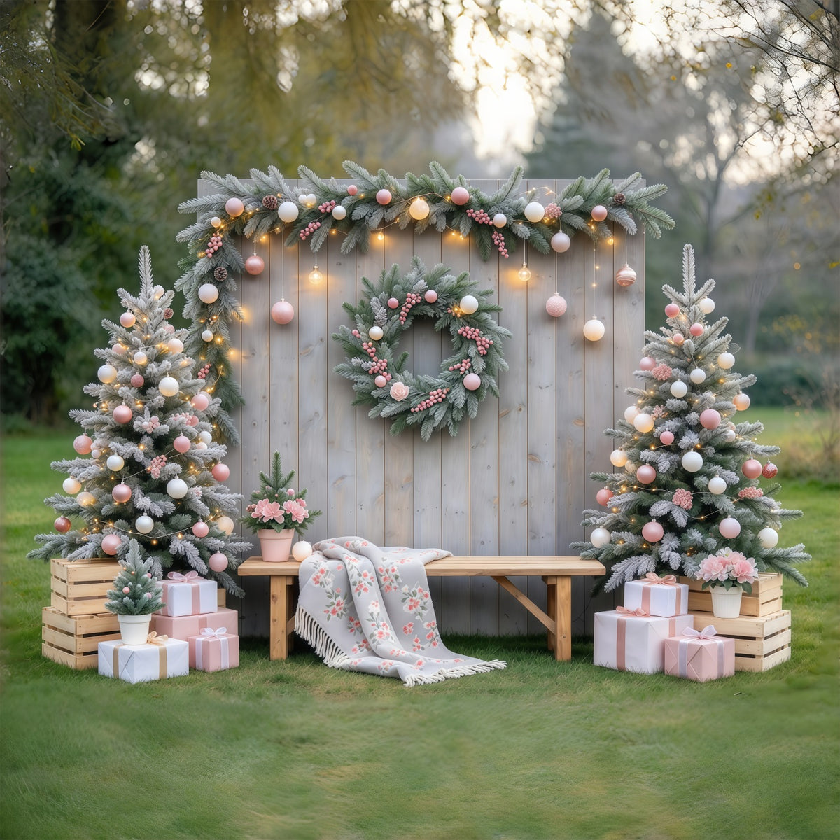 Rustic Christmas Photo Backdrop Blush Ornament Garden Display Family Christmas Backdrop GQ69-119