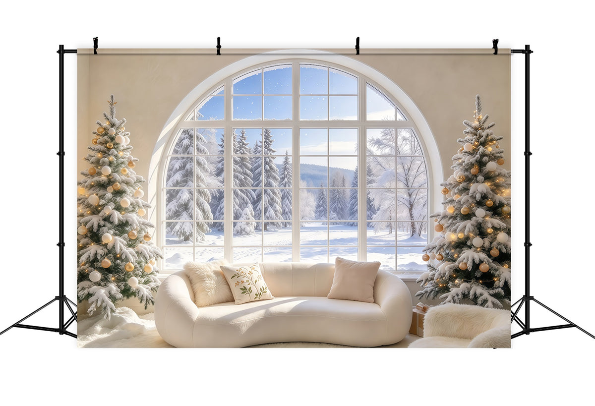 Christmas Couch Backdrop Snowy Arched Window Lounge Christmas Presents Backdrop GQ69-120