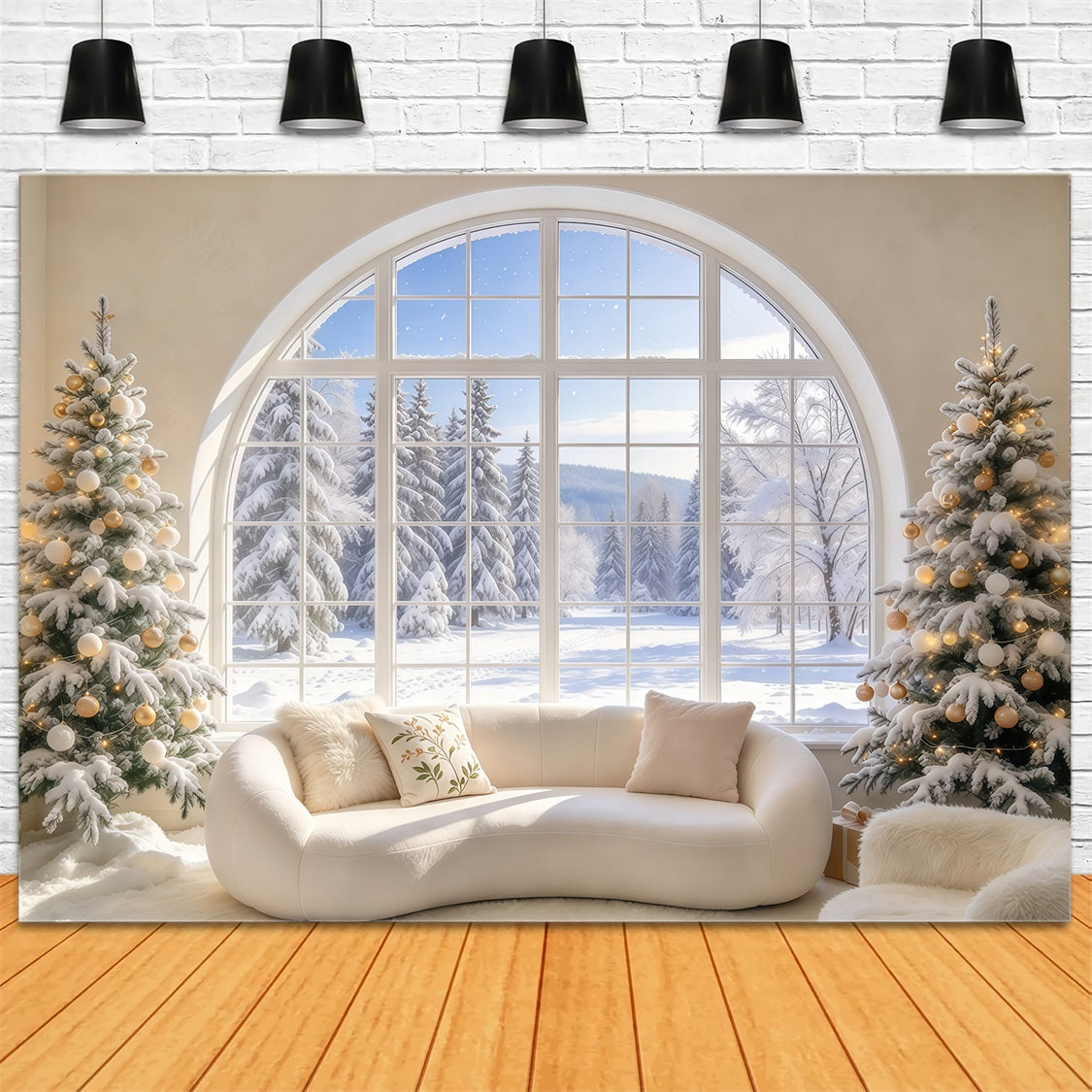 Christmas Couch Backdrop Snowy Arched Window Lounge Christmas Presents Backdrop GQ69-120