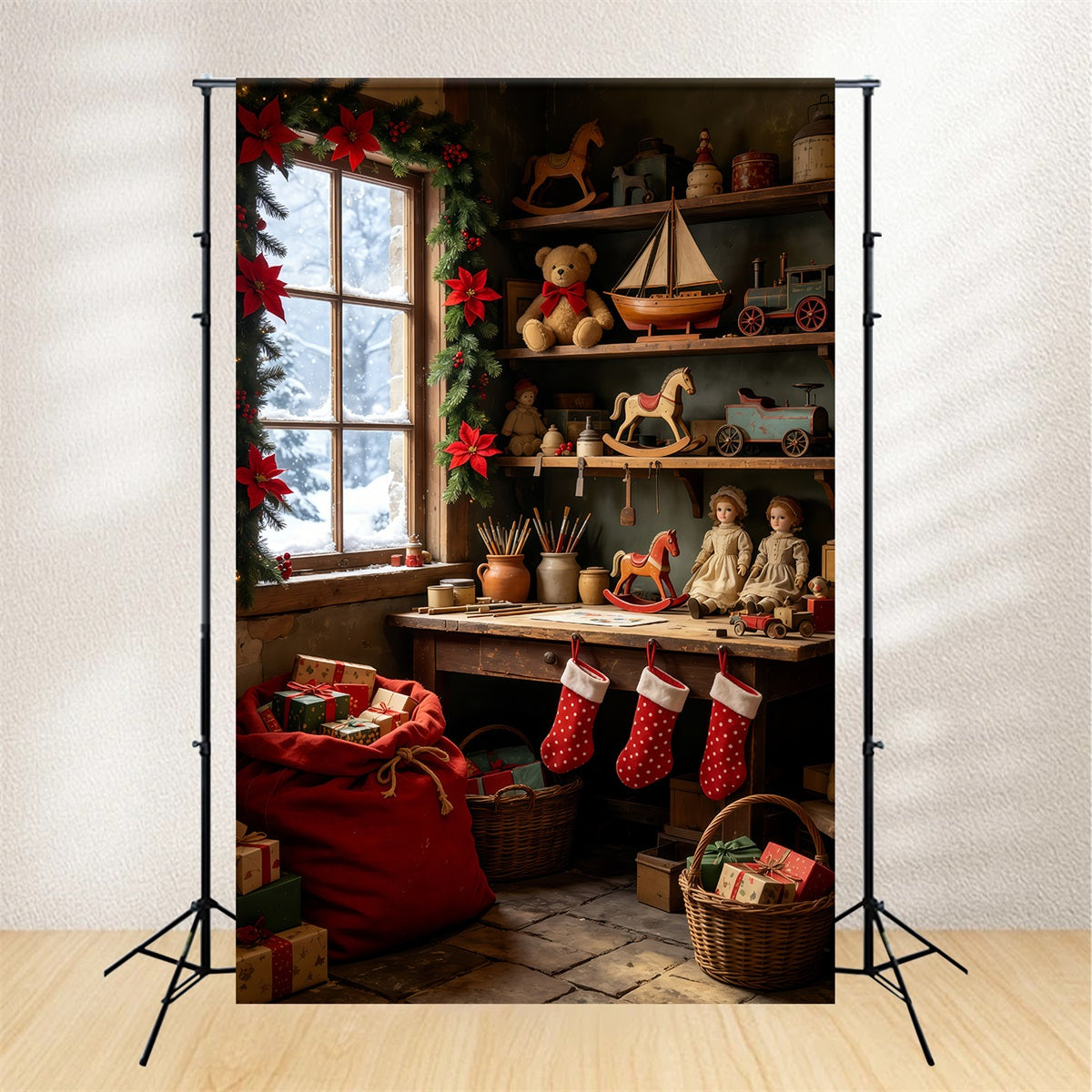 Christmas Cabin Backdrop Vintage Toy Shelf Room Christmas Studio Backdrop GQ69-37