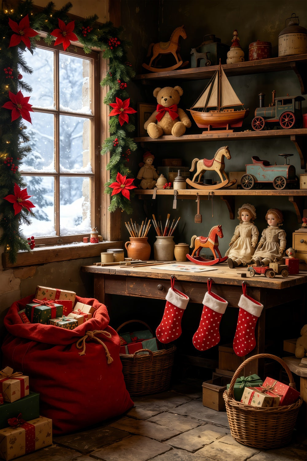 Christmas Cabin Backdrop Vintage Toy Shelf Room Christmas Studio Backdrop GQ69-37