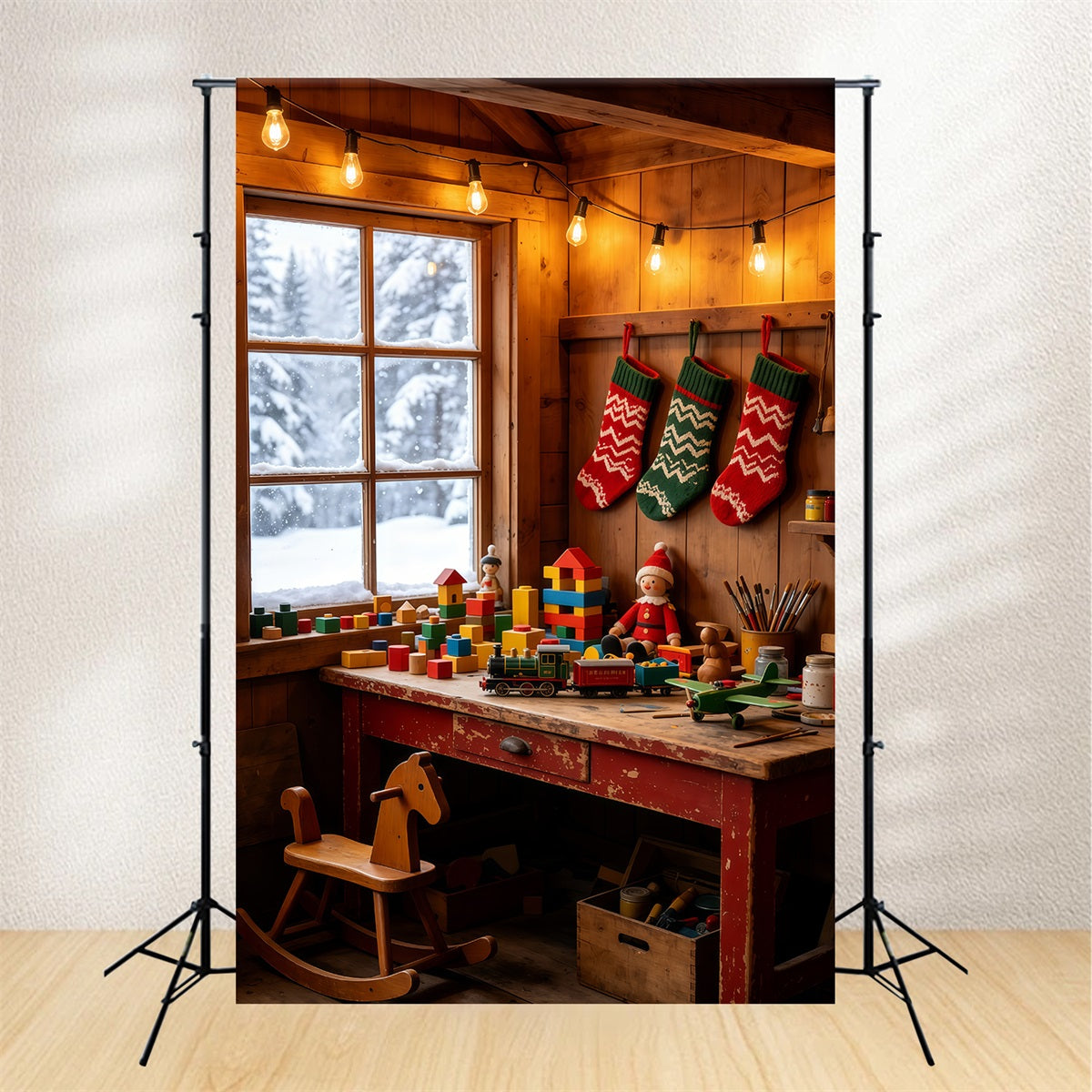 Rustic Christmas Backdrop Cozy Cabin Toy Corner Indoor Christmas Backdrop GQ69-39