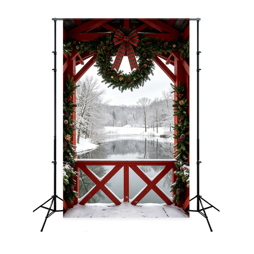 Winter Christmas Backdrop Snowy Barn Wreath View Studio Backdrops Christmas GQ69-40