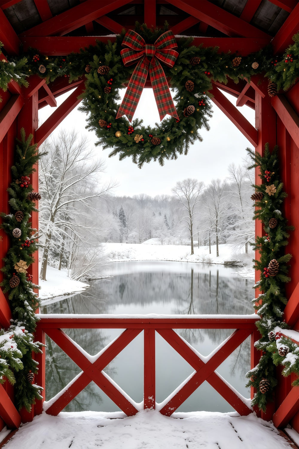 Winter Christmas Backdrop Snowy Barn Wreath View Studio Backdrops Christmas GQ69-40