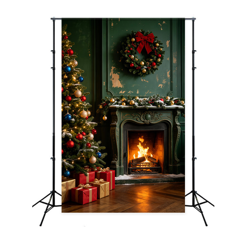 Vintage Christmas Backdrop Green Wood Fireplace Room Wall Christmas Backdrop GQ69-46