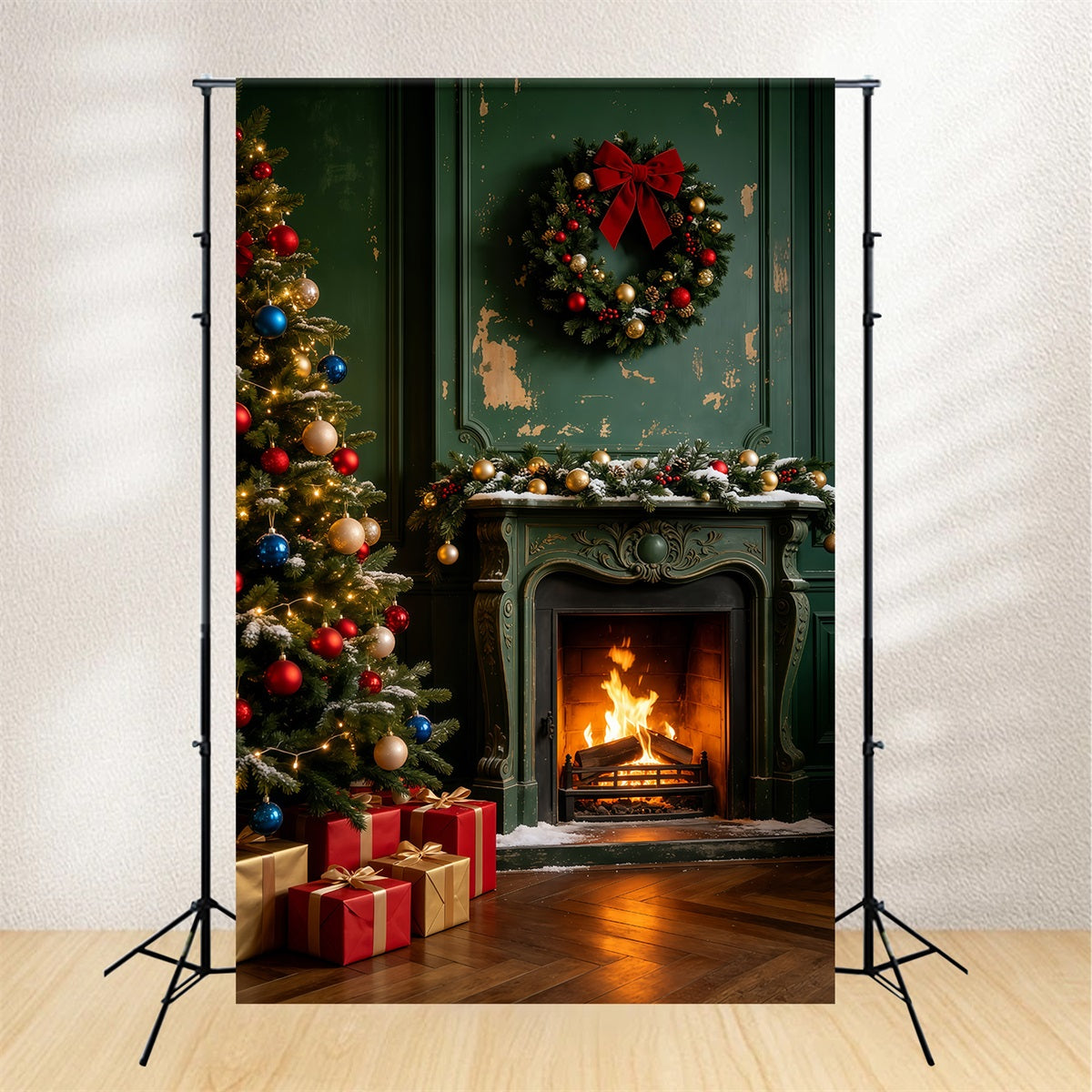 Vintage Christmas Backdrop Green Wood Fireplace Room Wall Christmas Backdrop GQ69-46