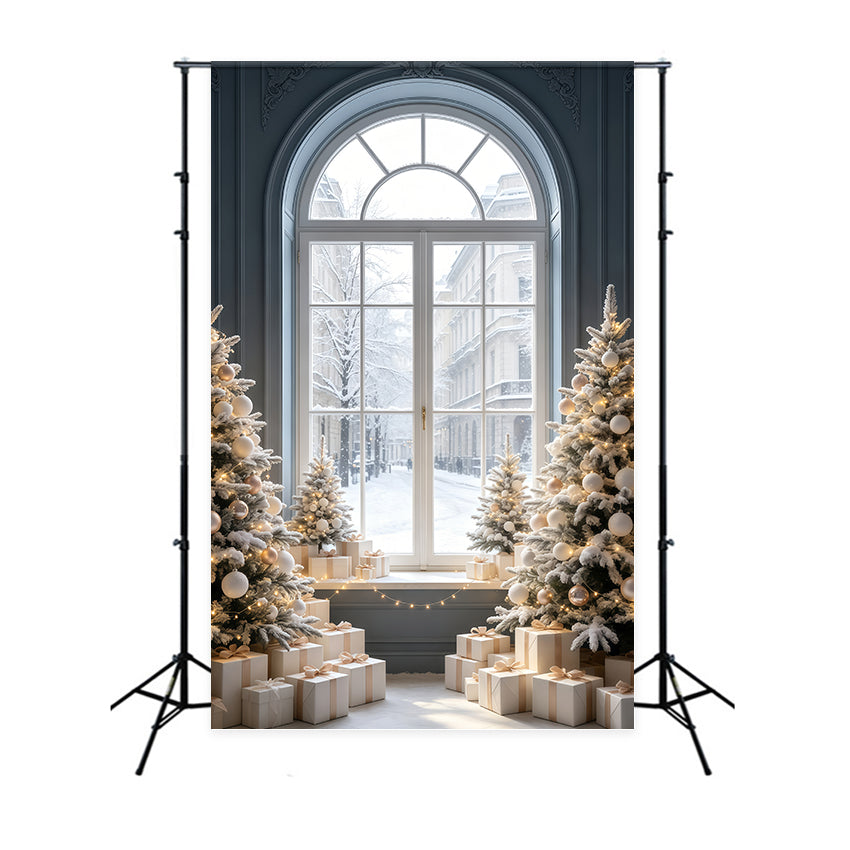 Christmas Window Backdrop Snowy Street View Tree Display Muslin Christmas Backdrop GQ69-52