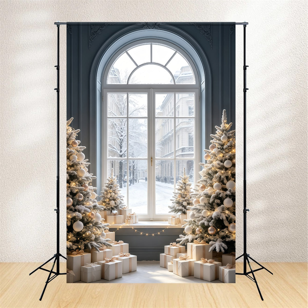 Christmas Window Backdrop Snowy Street View Tree Display Muslin Christmas Backdrop GQ69-52