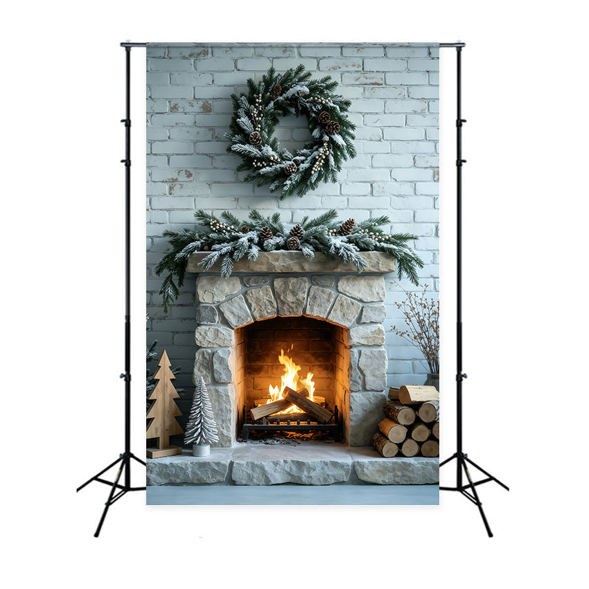 Christmas Fireplace Backdrop Frosted Garland Brick Wall Muslin Backdrop Christmas GQ69-53