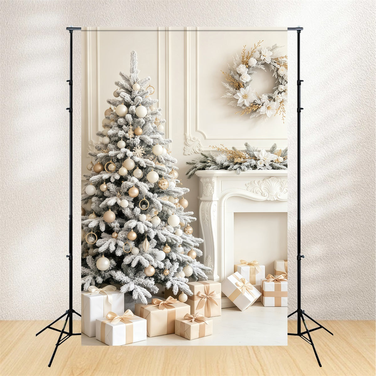 Elegant Christmas Backdrop Snowy White Tree Fireplace Room Christmas Backdrop GQ69-56