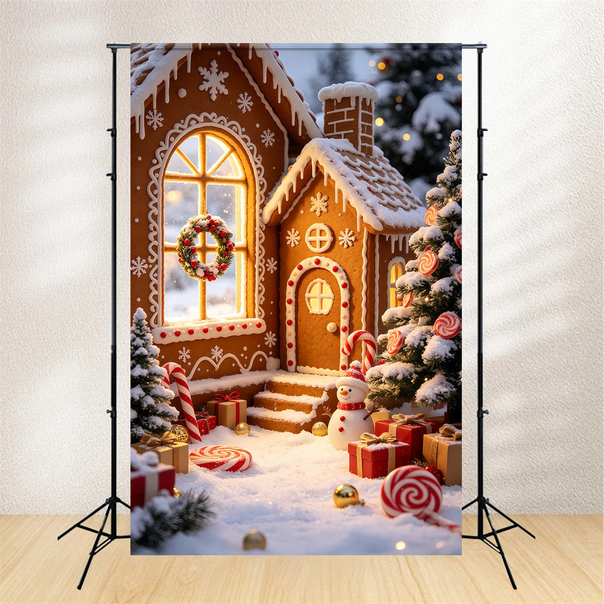 Gingerbread Christmas Backdrop Snowy Cottage Candy Village Christmas Backdrops GQ69-57