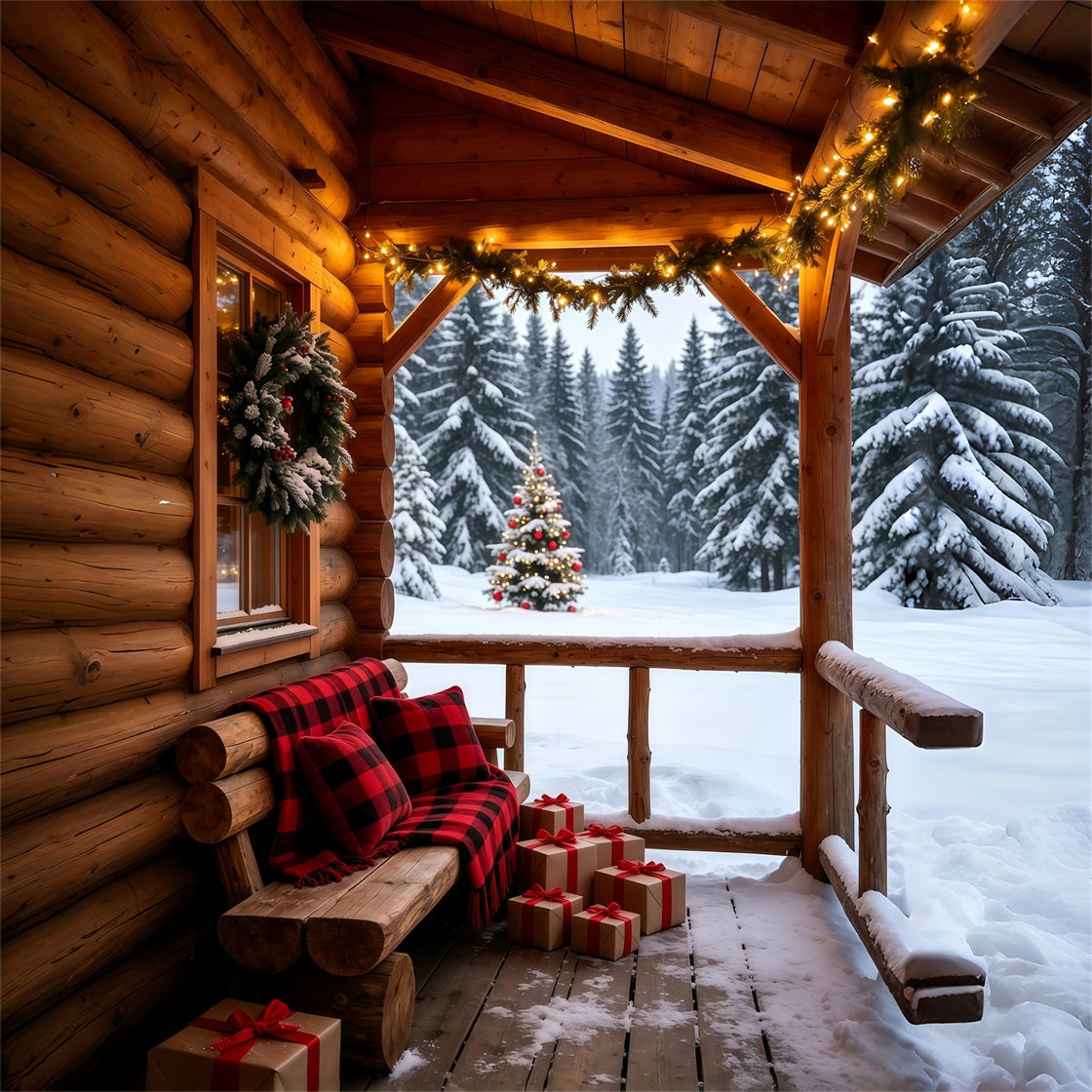 Country Christmas Backdrop Cozy Cabin Porch Forest View Christmas Photo Backdrop GQ69-58