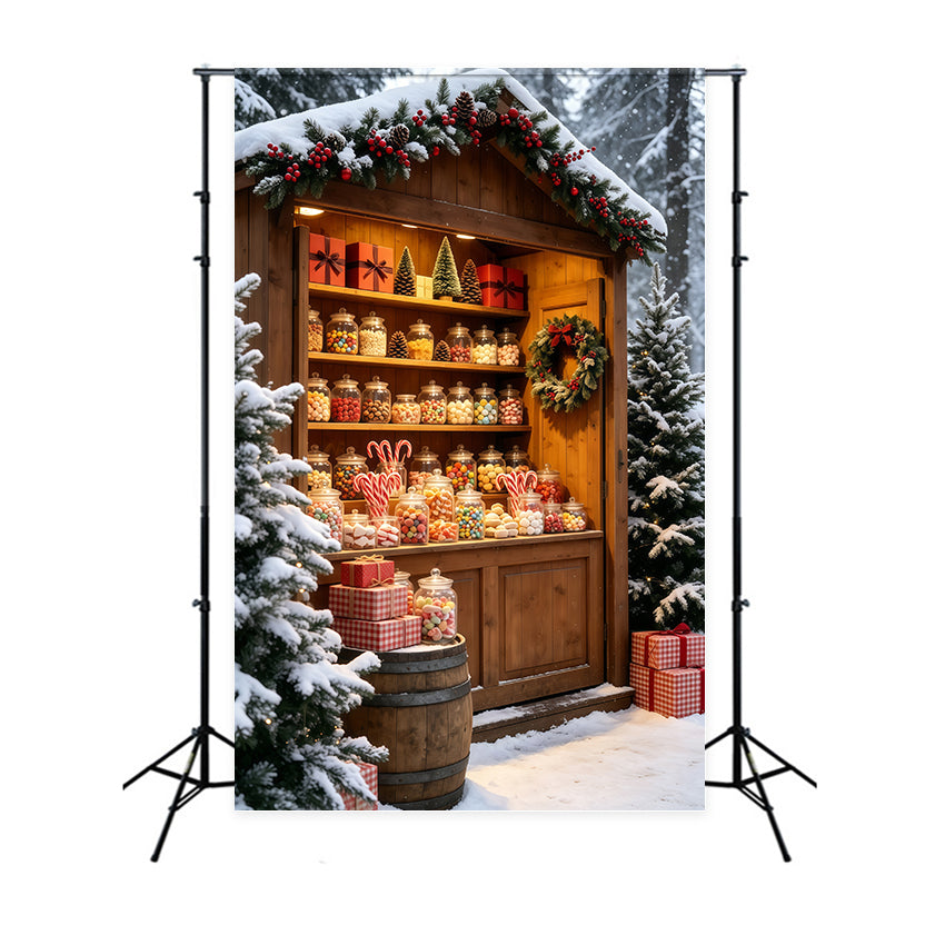 Snowy Christmas Backdrop Rustic Candy Jar Market Stall Christmas Photo Backdrops GQ69-59