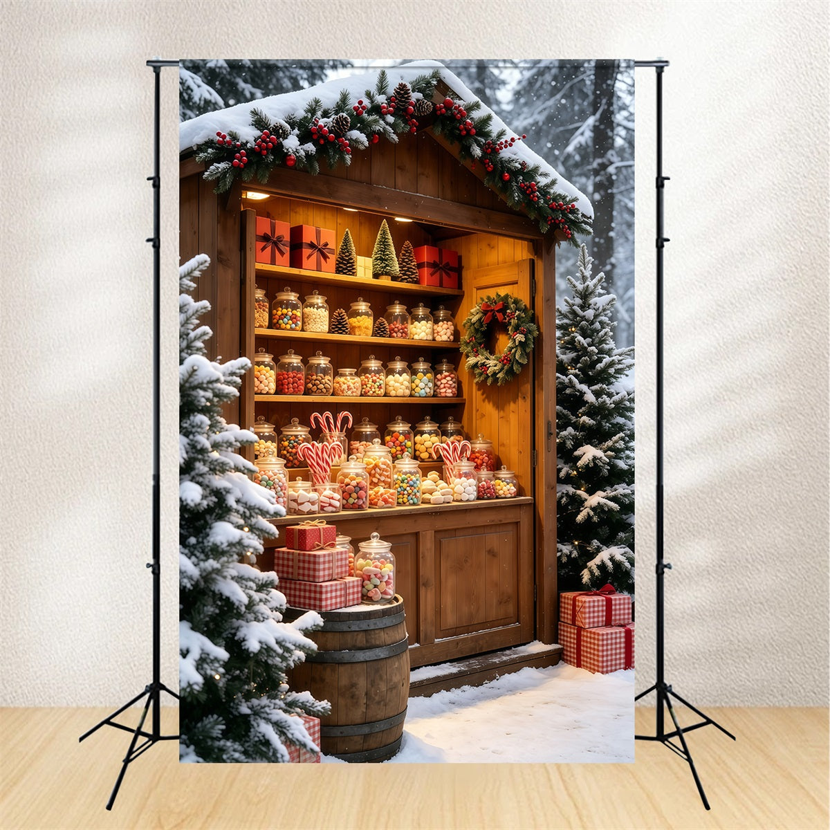 Snowy Christmas Backdrop Rustic Candy Jar Market Stall Christmas Photo Backdrops GQ69-59