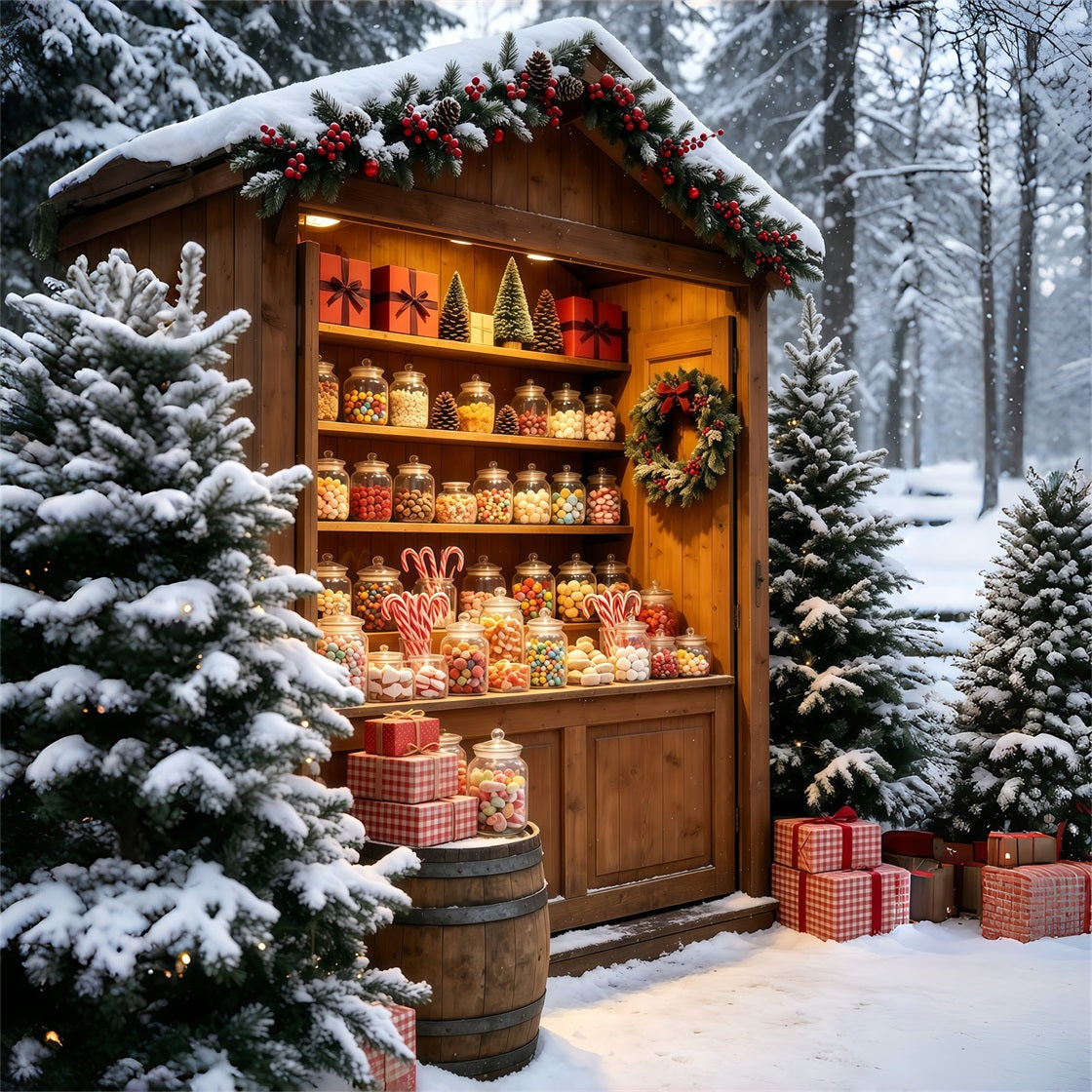 Snowy Christmas Backdrop Rustic Candy Jar Market Stall Christmas Photo Backdrops GQ69-59