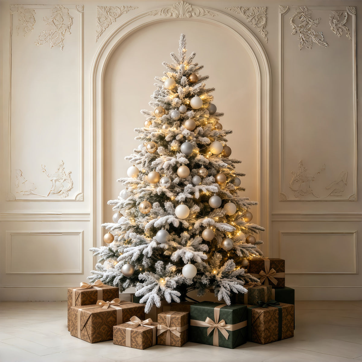 Christmas Ornament Backdrop Snowy White Tree Fireplace Room Backdrop Christmas GQ69-60