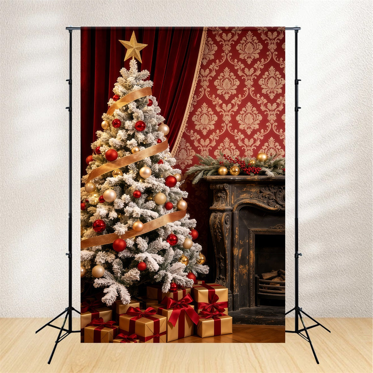 Realistic Christmas Backdrop Elegant Red Velvet Tree Large Christmas Backdrop GQ69-68