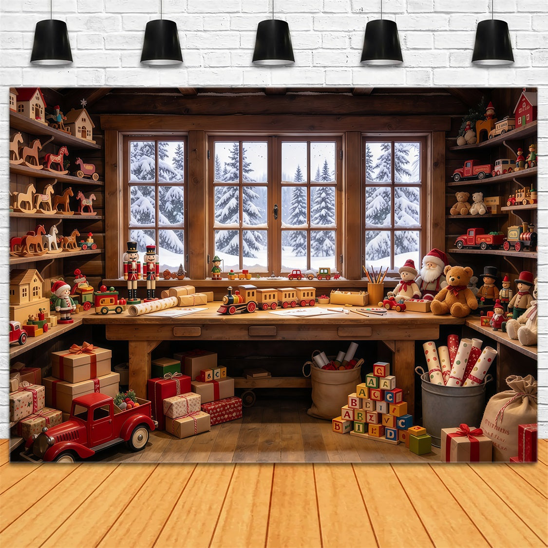 Twas The Night Before Christmas Backdrop Wooden Toy Workshop Interior Xmas Photo Backdrop GQ69-72