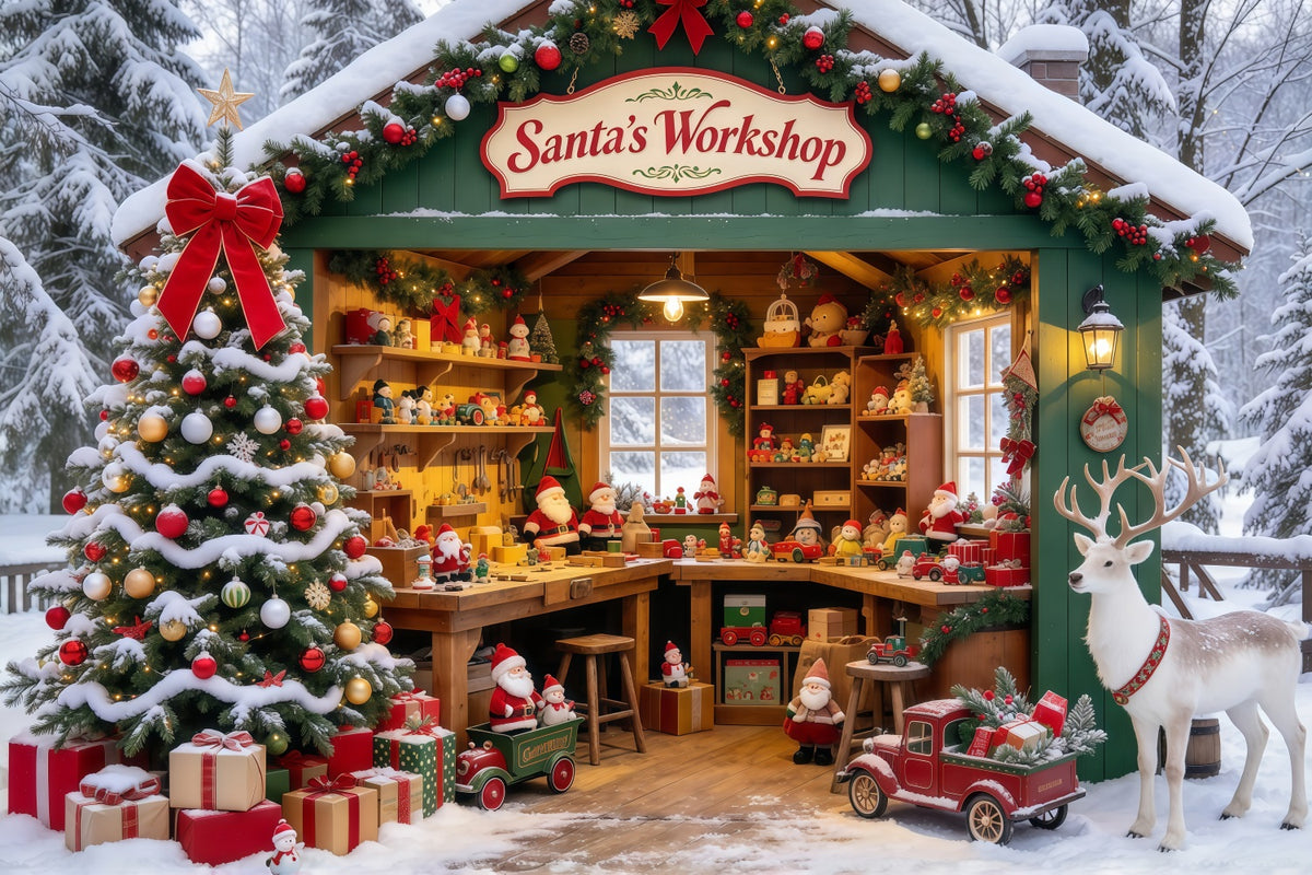 Santa Workshop Backdrops Snowy Forest House Reindeer Santa Photos Backdrop GQ69-74