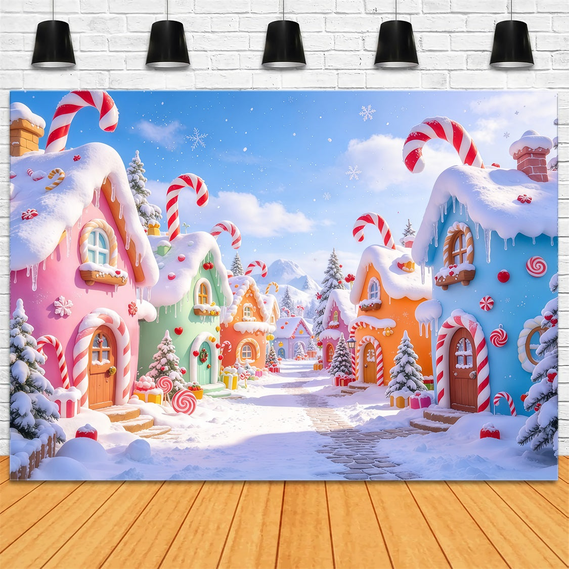 Backdrop For Christmas Photos Pastel Candy Village Street Whimsical Christmas Backdrop GQ69-76