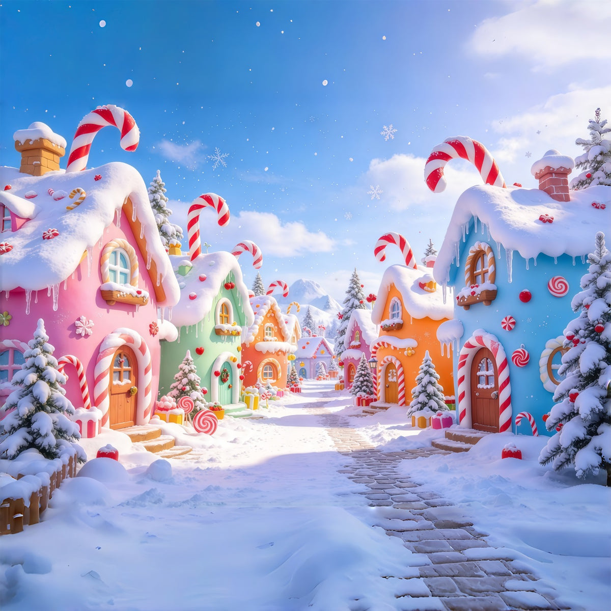 Backdrop For Christmas Photos Pastel Candy Village Street Whimsical Christmas Backdrop GQ69-76