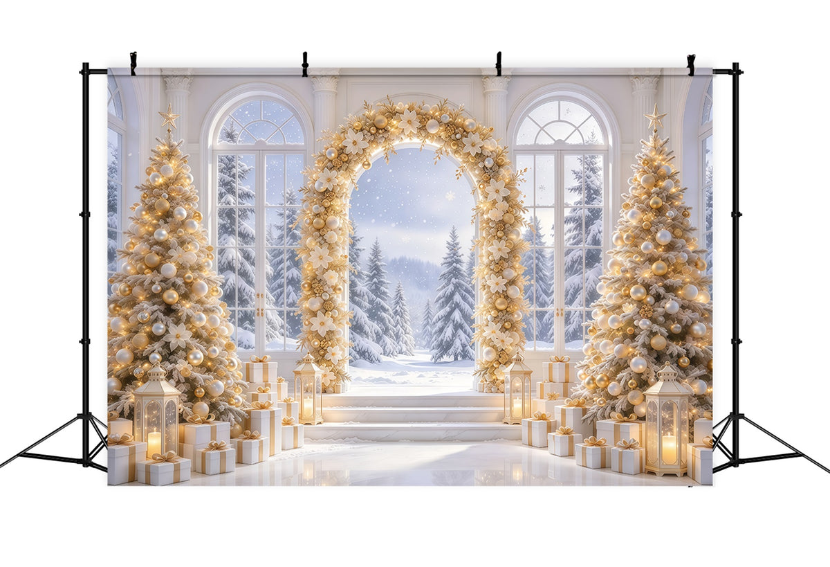 White And Gold Christmas Backdrop Golden Floral Winter Arch Christmas Backdrop GQ69-79