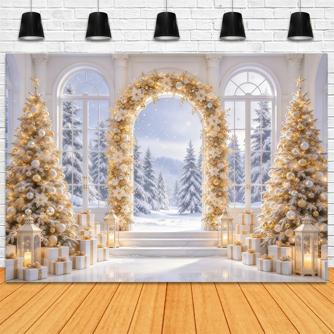 White And Gold Christmas Backdrop Golden Floral Winter Arch Christmas Backdrop GQ69-79
