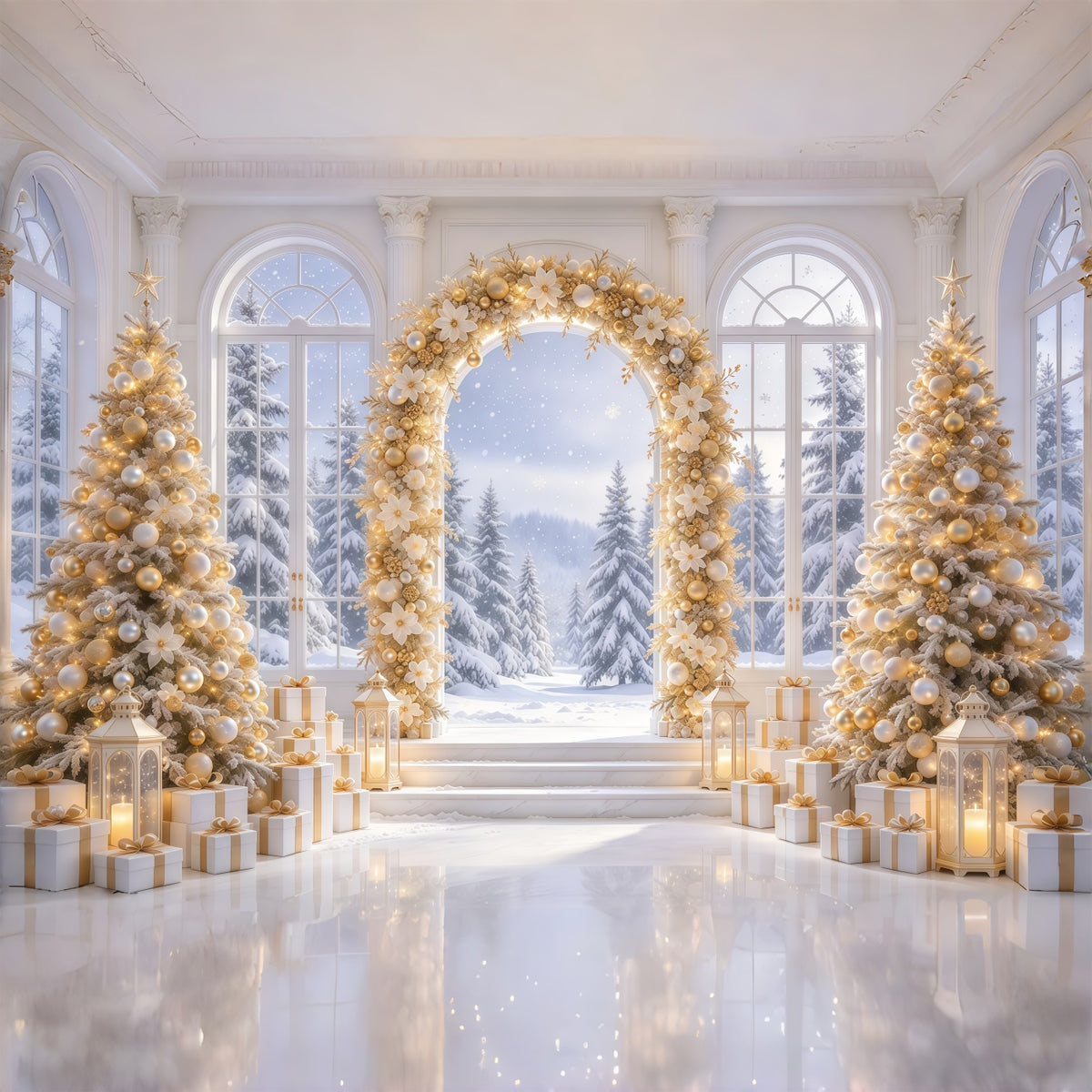 White And Gold Christmas Backdrop Golden Floral Winter Arch Christmas Backdrop GQ69-79