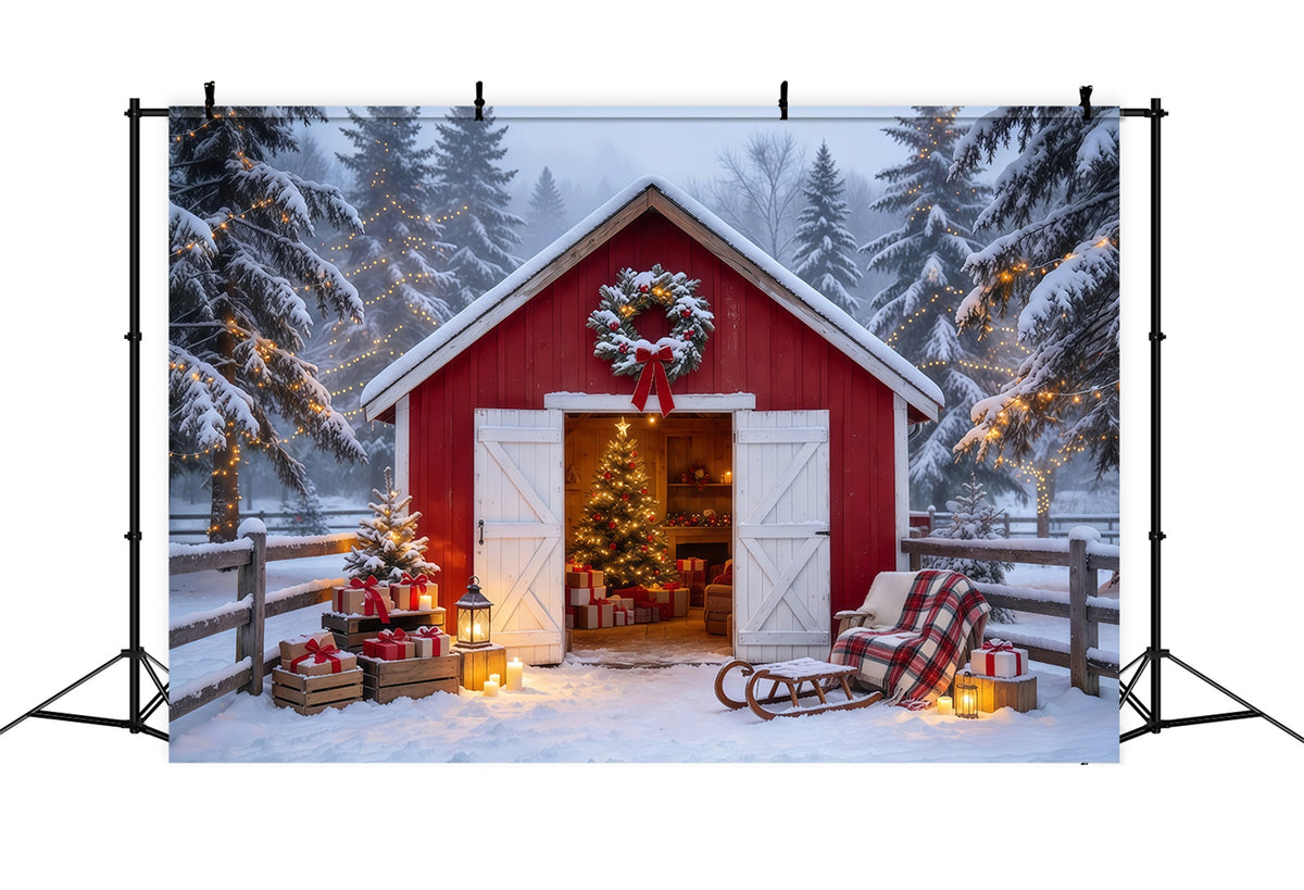 Country Christmas Backdrops Snowy Red Barn Retreat Christmas Card Backdrops GQ69-84