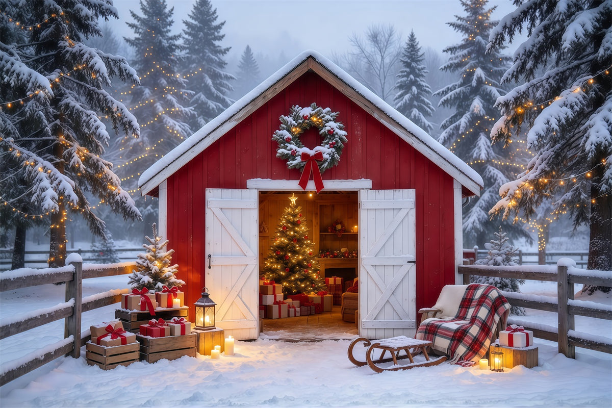 Country Christmas Backdrops Snowy Red Barn Retreat Christmas Card Backdrops GQ69-84
