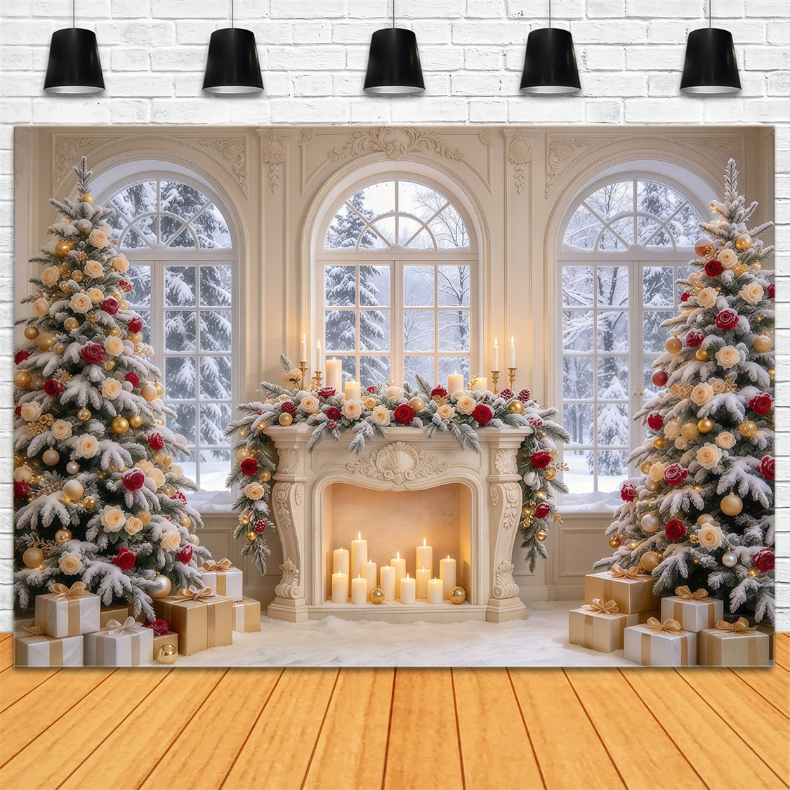 High Resolution Christmas Backdrop Photography Rose Fireplace Winter Elegance Elegant Christmas Backdrops GQ69-87