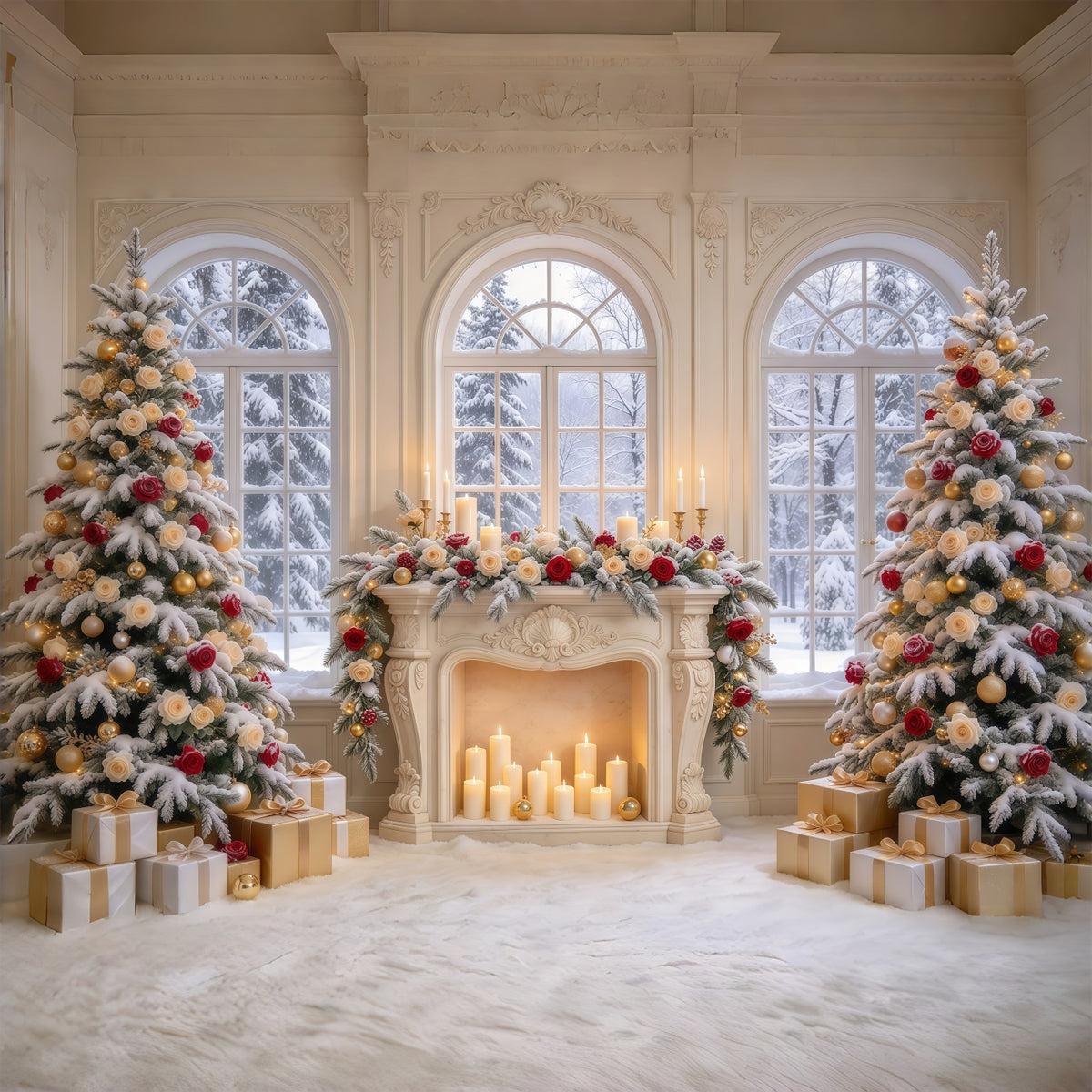 High Resolution Christmas Backdrop Photography Rose Fireplace Winter Elegance Elegant Christmas Backdrops GQ69-87