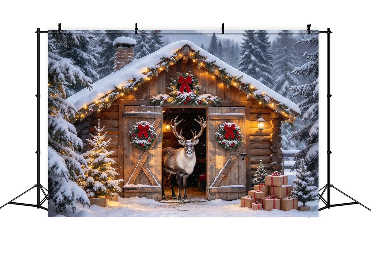 Winter Christmas Backdrops Snowy Reindeer Cabin Entrance Reindeer Stable Backdrop GQ69-88