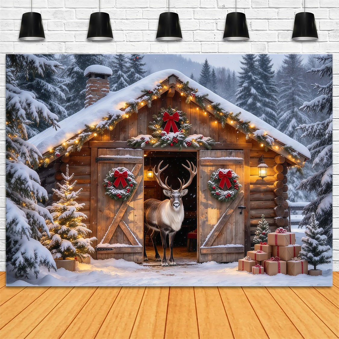 Winter Christmas Backdrops Snowy Reindeer Cabin Entrance Reindeer Stable Backdrop GQ69-88
