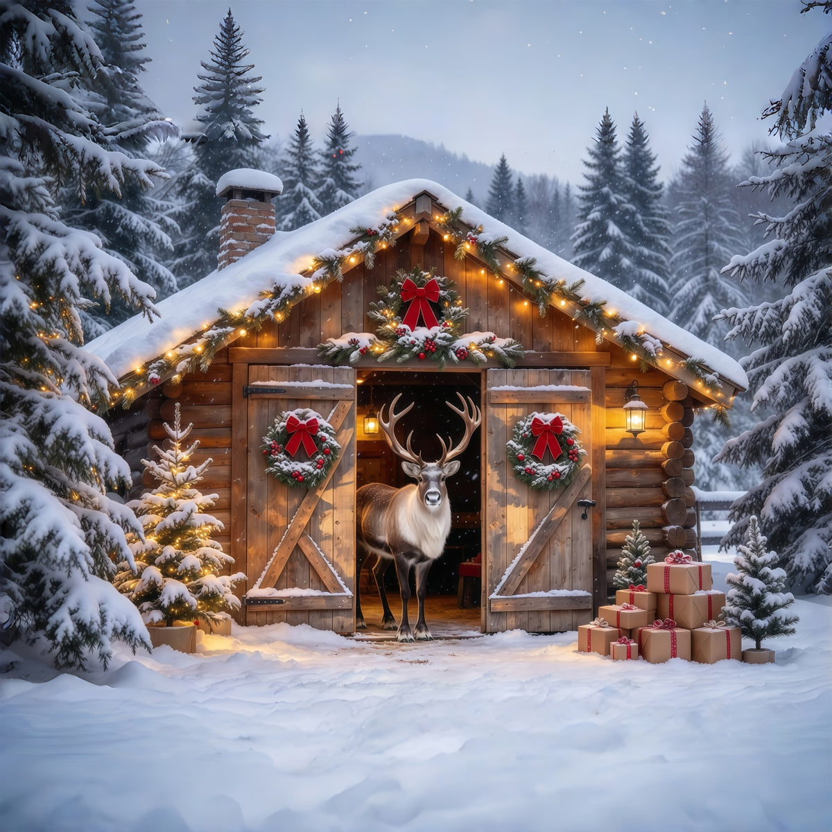 Winter Christmas Backdrops Snowy Reindeer Cabin Entrance Reindeer Stable Backdrop GQ69-88