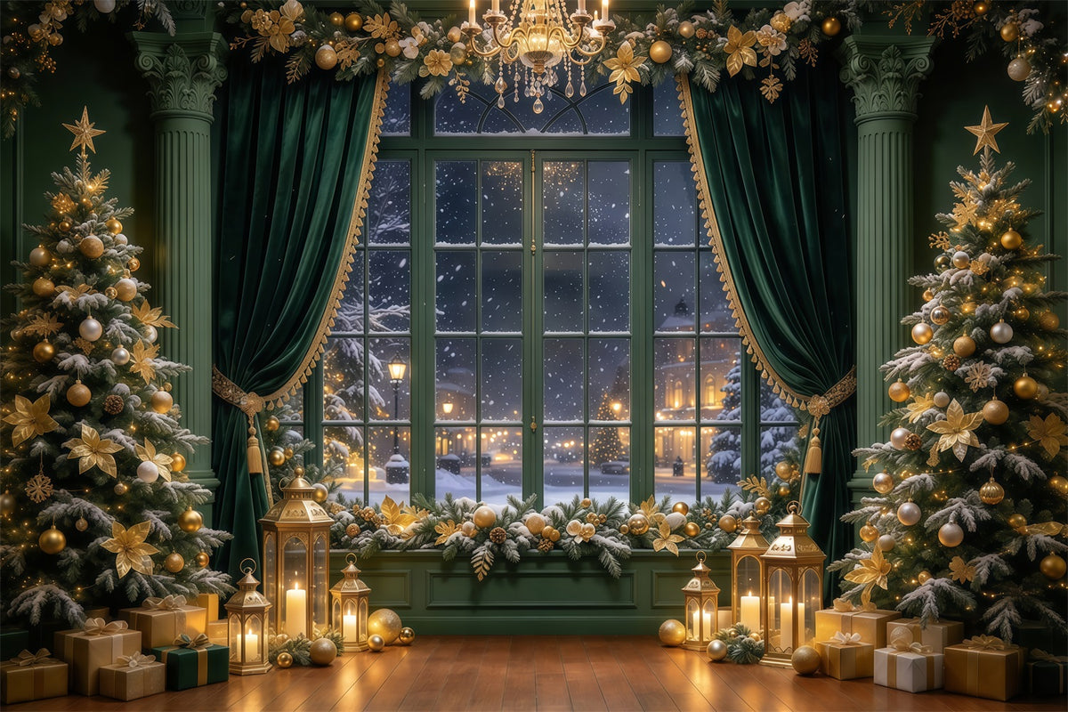 Christmas Curtain Backdrop Emerald Gold Window Display Christmas Story Backdrop GQ69-89