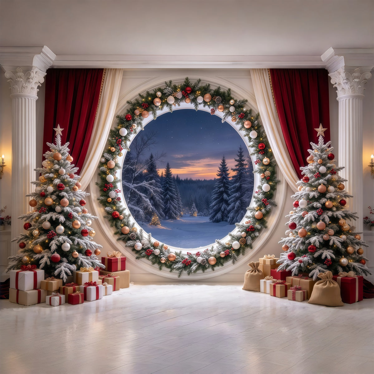 Christmas Backdrop Scenes Round Forest Window Garland Christmas Backdrop HD GQ69-90