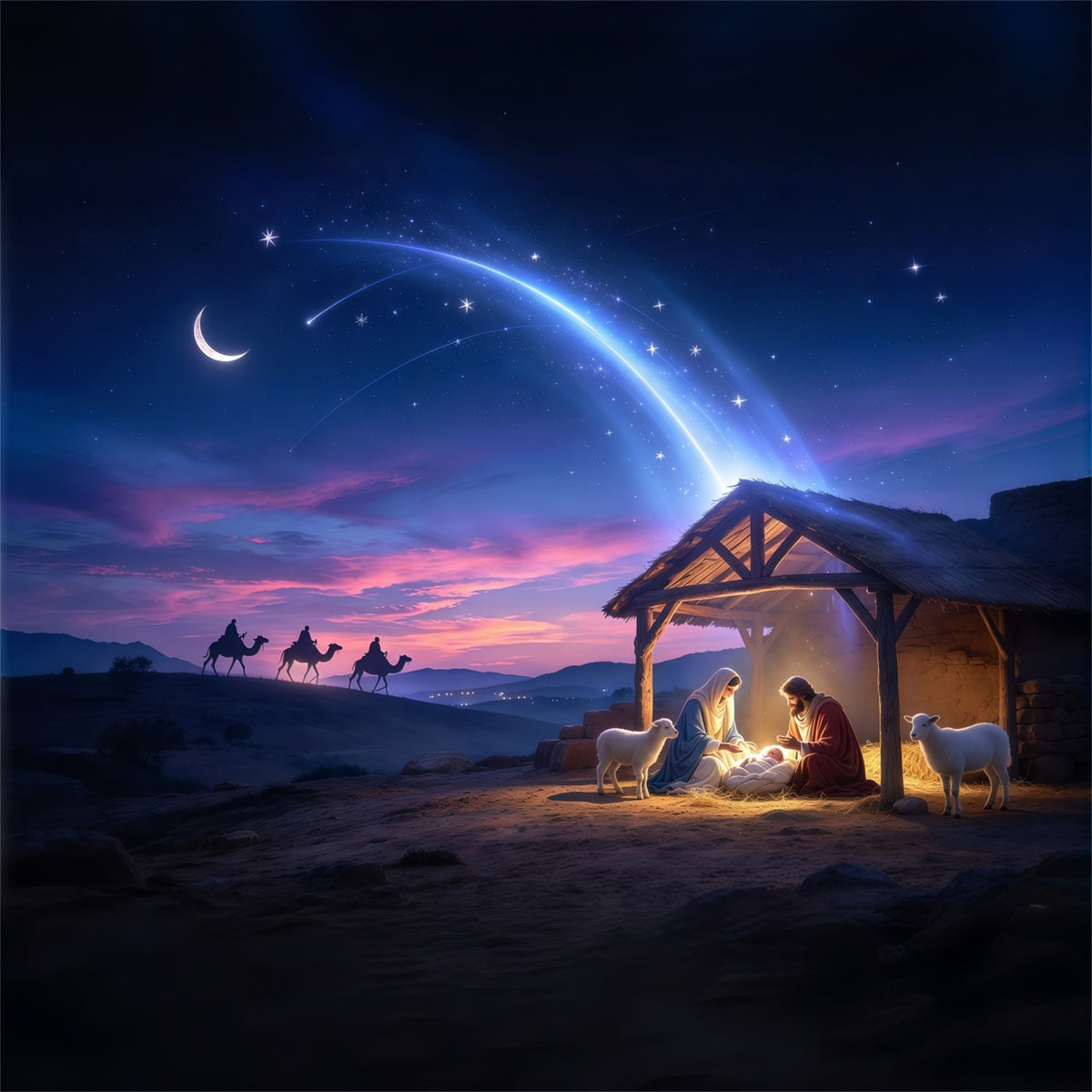 Nativity Scene Backdrop For Play Starlit Moon Desert Night Bethlehem Backdrops GQ69-91