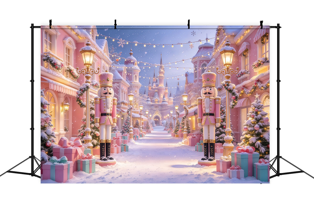 Pink Christmas Photo Backdrop Snowy Nutcracker Castle Street Colorful Christmas Backdrop GQ69-92