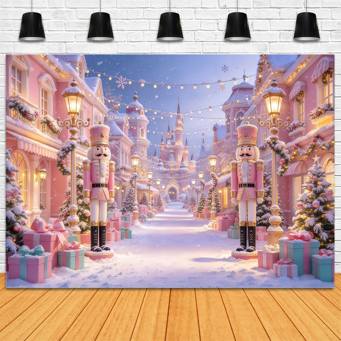 Pink Christmas Photo Backdrop Snowy Nutcracker Castle Street Colorful Christmas Backdrop GQ69-92