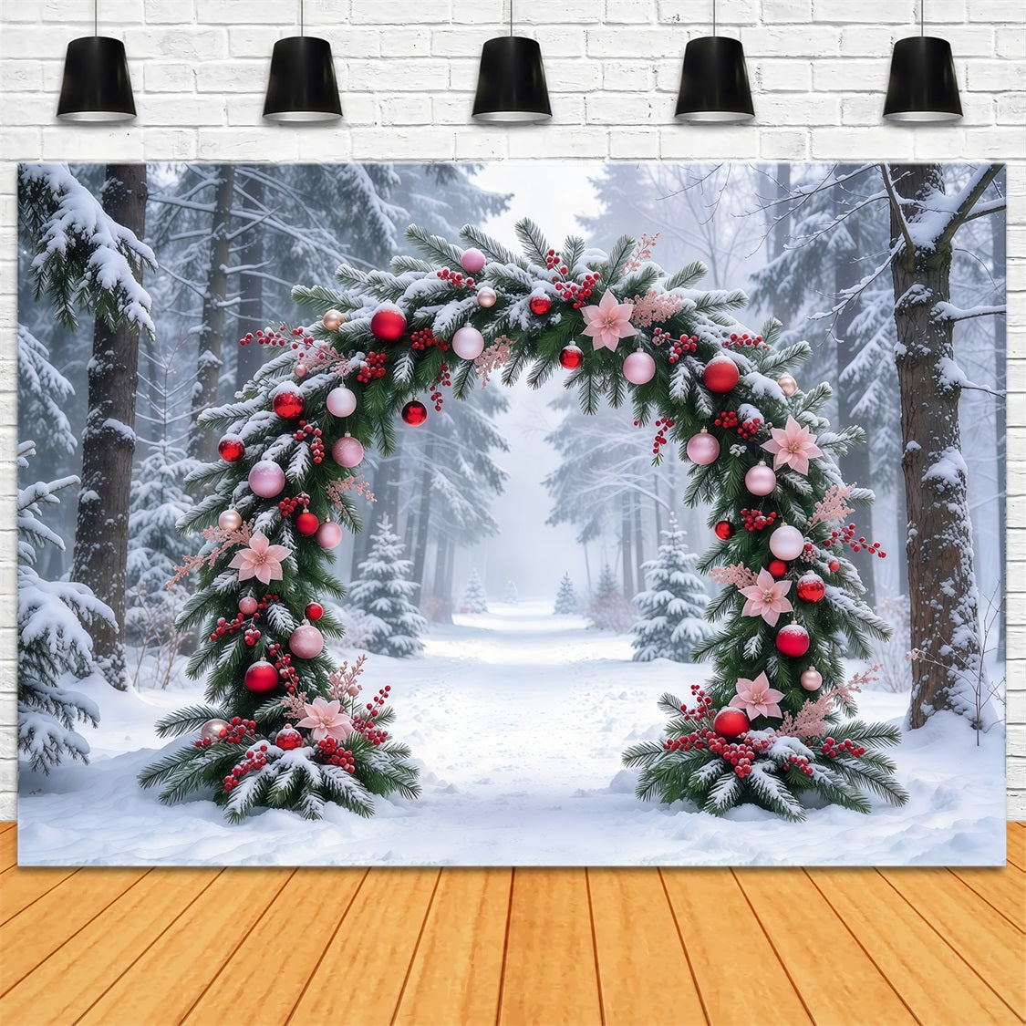 Photography Christmas Tree Backdrop Snowy Pink Floral Arch Outdoor Christmas Tree Backdrop GQ69-93