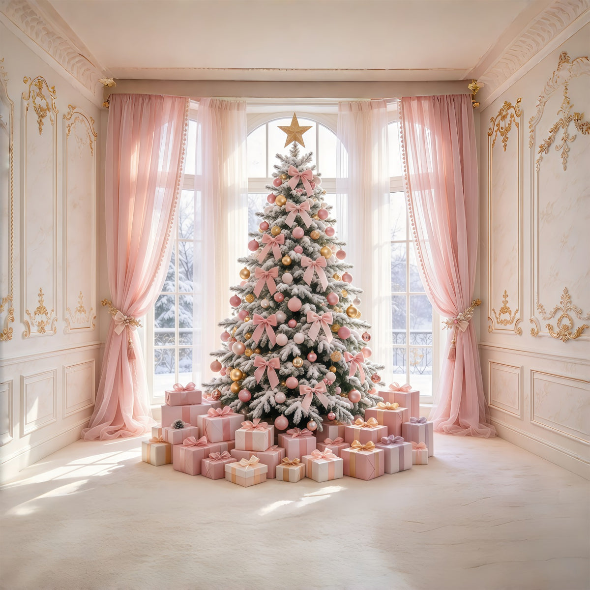 Pink Christmas Backdrops For Photography Blush Bow Tree Gifts Christmas Photoshoot Backdrops GQ69-94