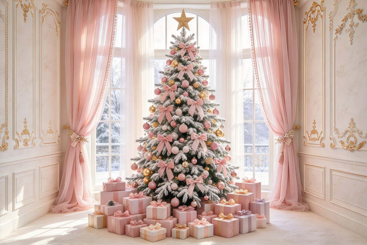 Pink Christmas Backdrops For Photography Blush Bow Tree Gifts Christmas Photoshoot Backdrops GQ69-94