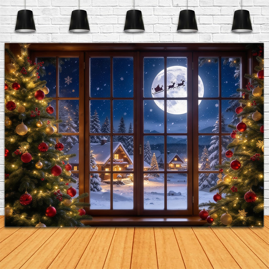Christmas Window Scene Backdrop Moonlit Santa Sleigh Window 5x7 Christmas Backdrop GQ69-95