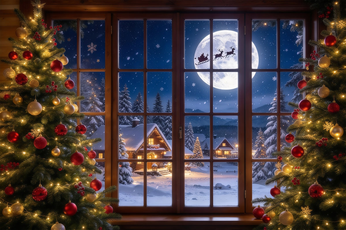 Christmas Window Scene Backdrop Moonlit Santa Sleigh Window 5x7 Christmas Backdrop GQ69-95