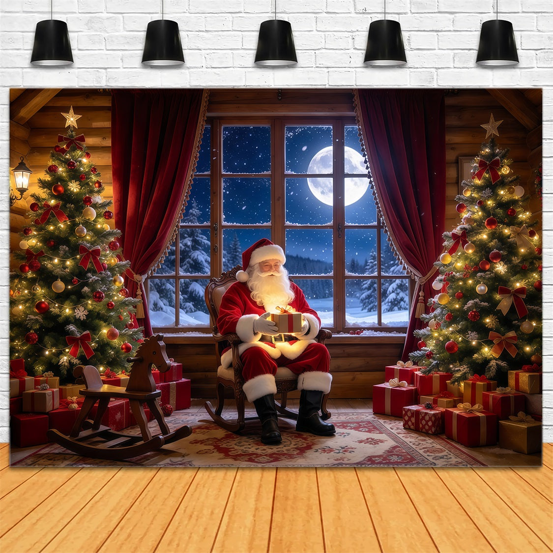 Santa Picture Backdrops Moonlit Window Gift Room Mall Santa Backdrop GQ69-98